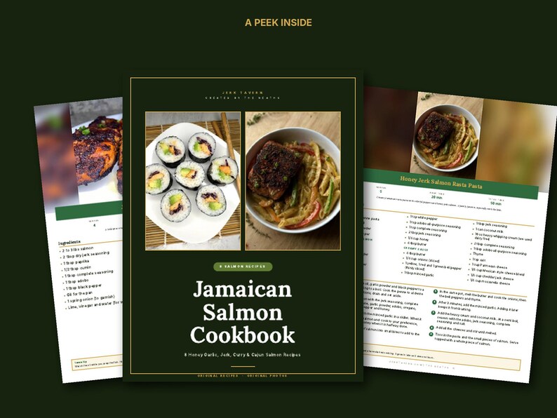 May include: A digital cookbook titled Jamaican Salmon Cookbook featuring a dark green cover with two food photos: sushi rolls on a white plate and a bowl of salmon pasta. The pages display ingredient lists and instructions for Honey Jerk Salmon Pasta.