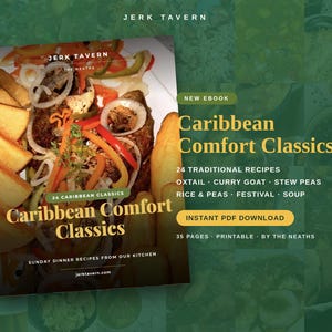 May include: A digital ebook cover titled Caribbean Comfort Classics featuring a photograph of a cooked fish dish with peppers and onions. Text includes 24 traditional recipes, oxtail, curry goat, stew peas, rice and peas, festival, soup, and instant PDF download.