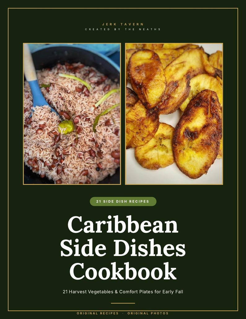 May include: A cookbook titled Caribbean Side Dishes Cookbook with the subtitle 21 Harvest Vegetables & Comfort Plates for Early Fall. The cover features two photos: one of rice and beans with a blue utensil, and one of fried plantains.