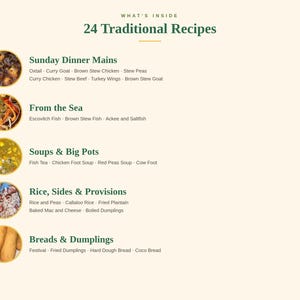 May include: A menu titled What's Inside 24 Traditional Recipes featuring five circular food images. Categories include Sunday Dinner Mains, From the Sea, Soups & Big Pots, Rice, Sides & Provisions, and Breads & Dumplings with lists of specific dishes.