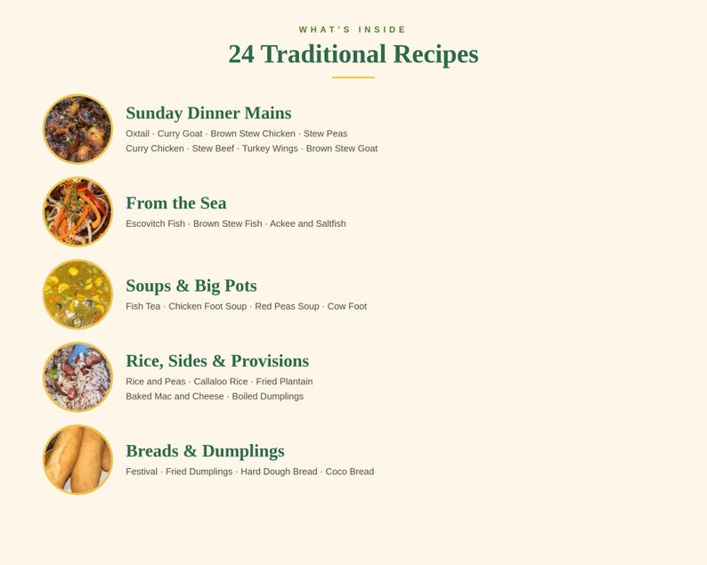 May include: A menu titled What's Inside 24 Traditional Recipes featuring five circular food images. Categories include Sunday Dinner Mains, From the Sea, Soups & Big Pots, Rice, Sides & Provisions, and Breads & Dumplings with lists of specific dishes.