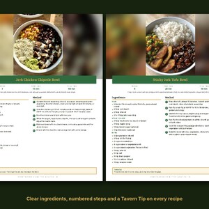 May include: A recipe card featuring two dishes: a Jerk Chicken Chipotle Bowl and a Sticky Jerk Tofu Bowl. Each section includes a color photograph of the meal, a list of ingredients, numbered preparation steps, and a Tavern Tip at the bottom.