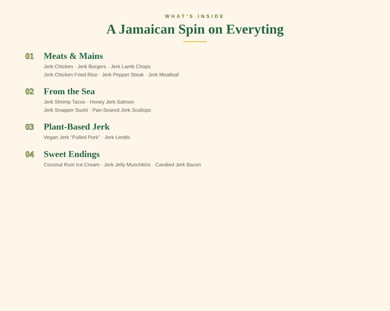 K&ouml;nnte beinhalten: Eine Men&uuml;seite mit dem Titel A Jamaican Spin on Everything, die vier Abschnitte auflistet: Meats & Mains mit Jerk Chicken, Burgern, Lammkoteletts, gebratenem Reis, Pfeffersteak und Hackbraten; From the Sea; Plant-Based Jerk; und Sweet Endings mit verschiedenen Speisen.