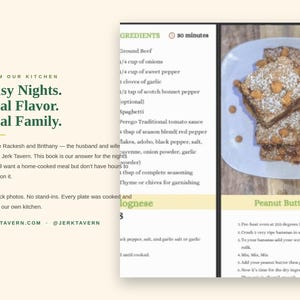 May include: A cookbook page titled Busy Nights. Real Flavor. Real Family. featuring a recipe list with ingredients like ground beef and onions, alongside a photograph of three square peanut butter brownies topped with powdered sugar and chips.