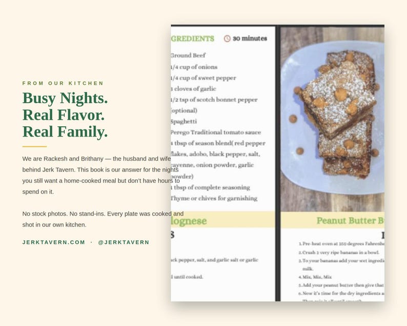 May include: A cookbook page titled Busy Nights. Real Flavor. Real Family. featuring a recipe list with ingredients like ground beef and onions, alongside a photograph of three square peanut butter brownies topped with powdered sugar and chips.