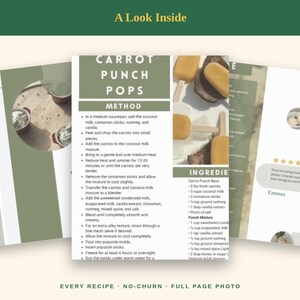May include: A digital recipe card titled Carrot Punch Pops featuring a method section, ingredient list, and a photograph of orange popsicles. The layout includes green and white text blocks, bulleted instructions, and a five-star review section.