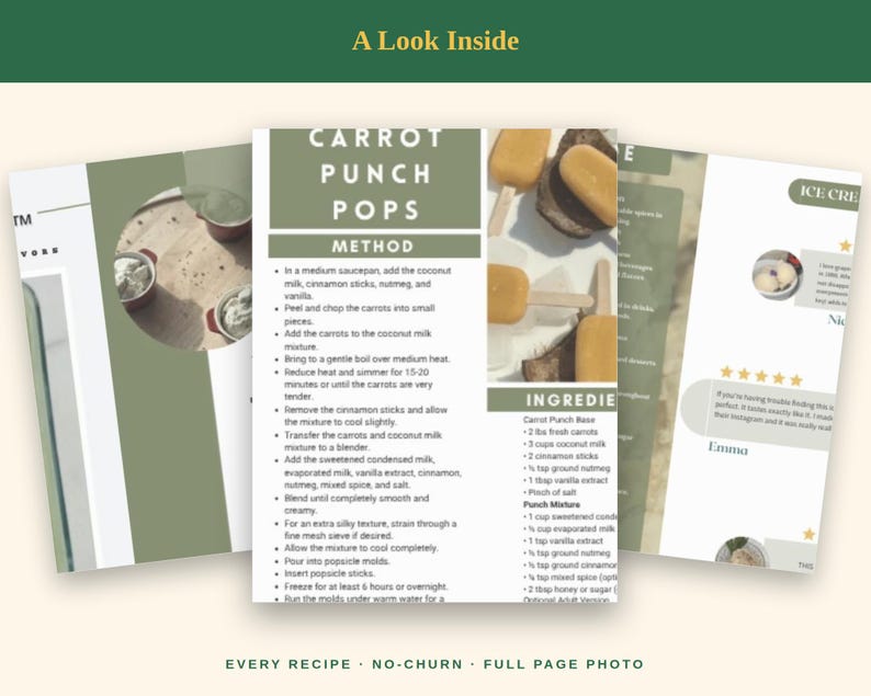 May include: A digital recipe card titled Carrot Punch Pops featuring a method section, ingredient list, and a photograph of orange popsicles. The layout includes green and white text blocks, bulleted instructions, and a five-star review section.