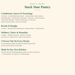 K&ouml;nnte beinhalten: Ein Dokument mit dem Titel What's Inside Stock Your Pantry, das f&uuml;nf Abschnitte auflistet: Condiments, Sauces & Seasonings, Breads & Doughs, Wellness, Tonics & Remedies, A Tavern Tip On Every Recipe und Made In Our Own Kitchen in dunkelgr&uuml;n.