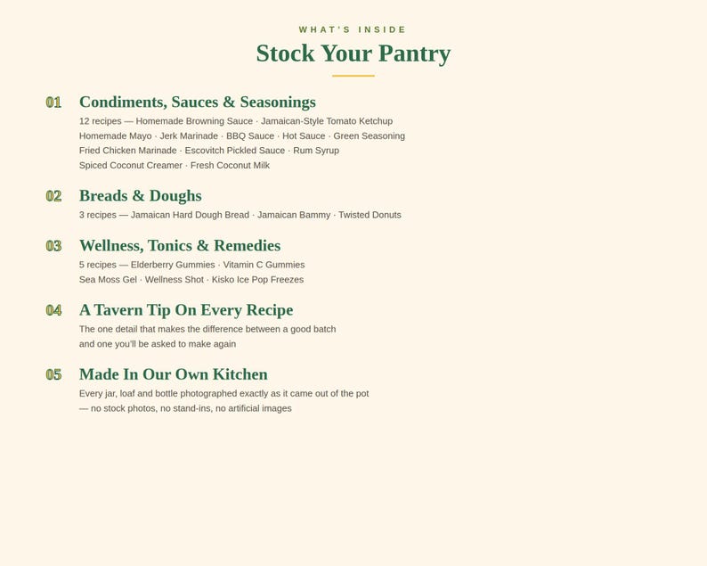 K&ouml;nnte beinhalten: Ein Dokument mit dem Titel What's Inside Stock Your Pantry, das f&uuml;nf Abschnitte auflistet: Condiments, Sauces & Seasonings, Breads & Doughs, Wellness, Tonics & Remedies, A Tavern Tip On Every Recipe und Made In Our Own Kitchen in dunkelgr&uuml;n.