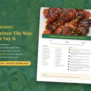 May include: A digital recipe page titled Authentic Jamaican Brown Stew Chicken featuring a photograph of glazed chicken pieces with carrots. The document includes sections for ingredients, preparation time, cook time, and numbered cooking instructions.