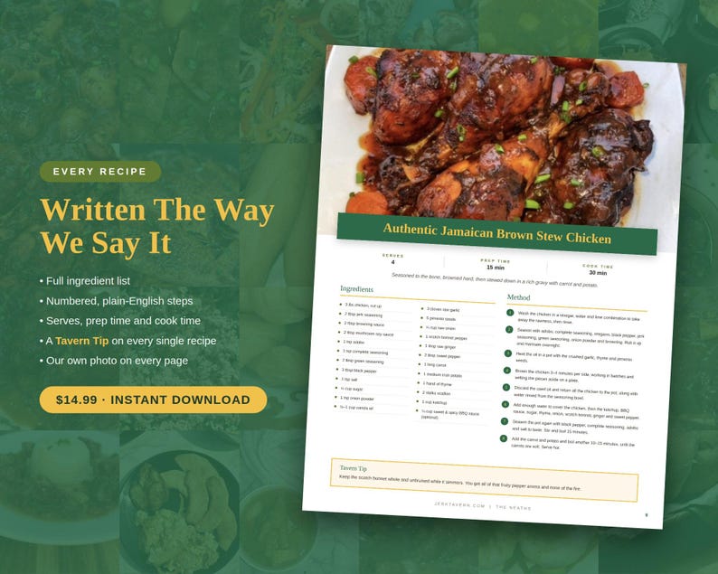 May include: A digital recipe page titled Authentic Jamaican Brown Stew Chicken featuring a photograph of glazed chicken pieces with carrots. The document includes sections for ingredients, preparation time, cook time, and numbered cooking instructions.