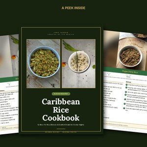 May include: A digital cookbook titled Caribbean Rice Cookbook with the subtitle 12 One-Pot Rice Dinners & Comfort Bowls for Cooler Nights. The cover features two photos of rice dishes, and the interior pages display ingredient lists and recipes.