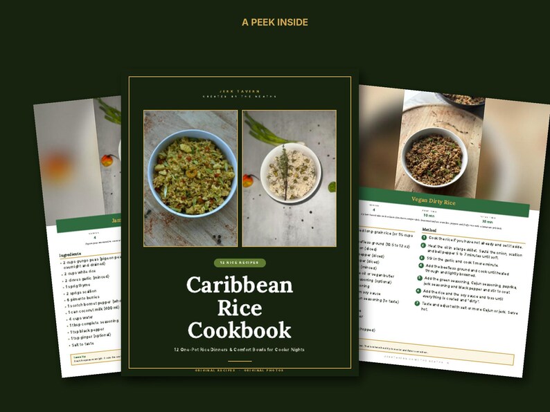 May include: A digital cookbook titled Caribbean Rice Cookbook with the subtitle 12 One-Pot Rice Dinners & Comfort Bowls for Cooler Nights. The cover features two photos of rice dishes, and the interior pages display ingredient lists and recipes.
