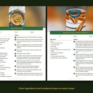 May include: A two-page recipe card featuring Jerk Chicken Dip and Jamaican Curry Chicken Potstickers. Each page includes a colour photograph of the dish, a list of ingredients, and numbered preparation steps with clear text instructions.