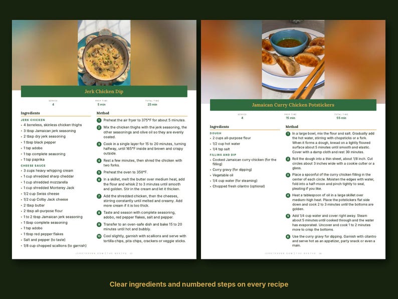 May include: A two-page recipe card featuring Jerk Chicken Dip and Jamaican Curry Chicken Potstickers. Each page includes a colour photograph of the dish, a list of ingredients, and numbered preparation steps with clear text instructions.