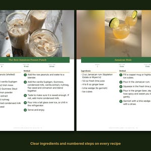 May include: A recipe card featuring The Best Jamaican Peanut Punch and Jamaican Mule. The card lists ingredients in cups, ounces, and tablespoons, with numbered steps for preparation and photos of the drinks in glasses with ice and lime.