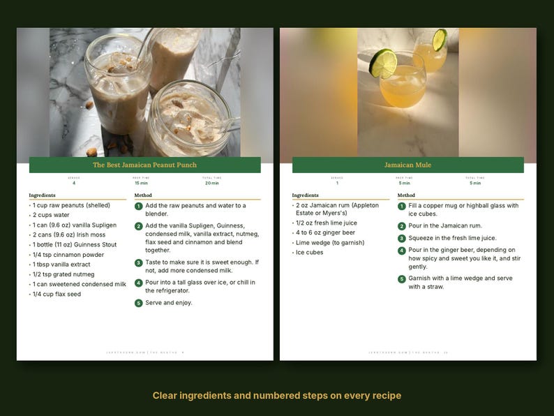 May include: A recipe card featuring The Best Jamaican Peanut Punch and Jamaican Mule. The card lists ingredients in cups, ounces, and tablespoons, with numbered steps for preparation and photos of the drinks in glasses with ice and lime.