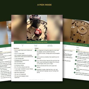 May include: A digital recipe page titled A PEEK INSIDE featuring instructions for Jamaican Sorrel Hibiscus Drink and Rum Cream Espresso Martini. The layout includes ingredient lists, step-by-step methods, and photographs of the prepared beverages.