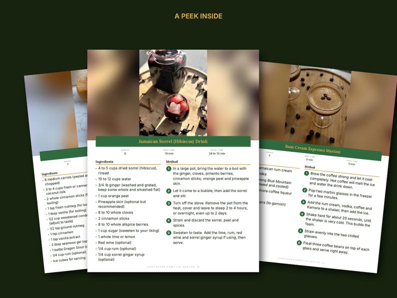 May include: A digital recipe page titled A PEEK INSIDE featuring instructions for Jamaican Sorrel Hibiscus Drink and Rum Cream Espresso Martini. The layout includes ingredient lists, step-by-step methods, and photographs of the prepared beverages.