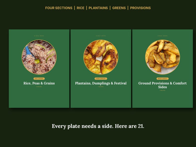 May include: A digital menu display with a dark green background featuring three circular food images. The text reads: FOUR SECTIONS | RICE | PLANTAINS | GREENS | PROVISIONS. Below are Rice, Peas & Grains, Plantains, Dumplings & Festival, and Ground Provisions & Comfort Sides. Every plate needs a side. Here are 21.