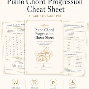 May include: A three-page printable PDF titled Piano Chord Progression Cheat Sheet. The document features tables of diatonic chords in C major, major key triad formulas, and common progressions, illustrated with a line drawing of a grand piano.