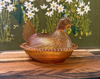Vtg Indiana AMBER Glass Hen On Nest Candy Dish OUTSTANDING CONDITION !!! Vintage