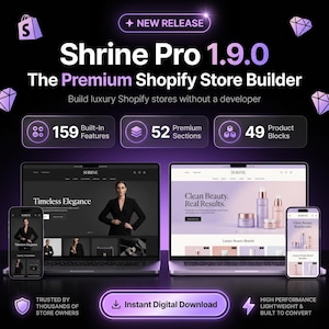 May include: A digital graphic for Shrine Pro 1.9.0, a Shopify store builder. The image displays two laptops and two smartphones showing website interfaces, with text overlays detailing 159 features, 52 sections, and 49 product blocks in purple.