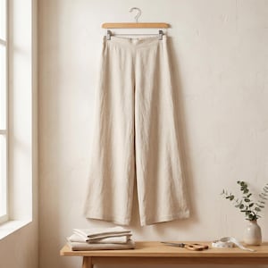 Peut inclure: Pantalon large beige avec une taille élastique, suspendu à un cintre en bois. Le pantalon présente une coupe droite et une couleur beige neutre. Le tissu a une texture visible et le vêtement est présenté contre un mur.