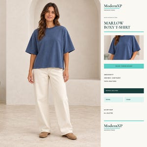 May include: A blue boxy t-shirt with a crew neck and short sleeves, paired with off-white trousers. The text on the side reads ModernXP, Marlow Boxy T-Shirt, Relaxed + Dropped Shoulder, Unisex Boxy Fit, Crew Neck - Short Sleeve, Youth + Adult Sizes.