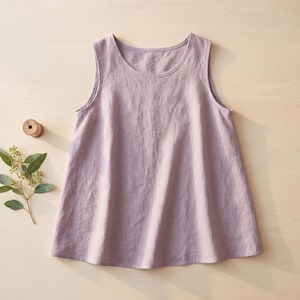 Peut inclure: Un débardeur sans manches de couleur lavande douce et atténuée, doté d'une encolure arrondie et d'une coupe évasée décontractée. Le tissu présente un tissage visible et légèrement texturé, présenté à plat avec une petite bobine en bois et un brin de feuilles d'eucalyptus vertes.