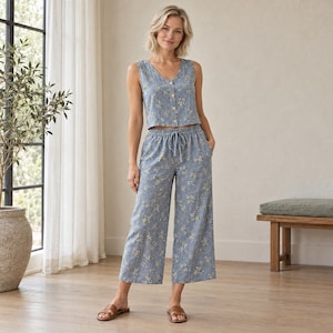 Patron de couture gilet et culotte | Ensemble Willowmere fleuri à boutons et taille élastiquée, XS-XXXL | Format A0, A4, Lettre US