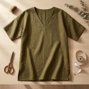 May include: An olive green V-neck shirt with short sleeves and side slits at the hem. The garment is displayed flat alongside a spool of thread, a pair of metal scissors, a white measuring tape, and a sprig of eucalyptus leaves.