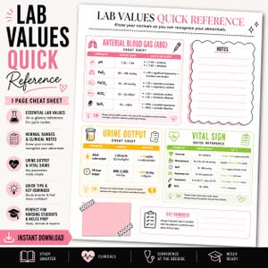 Può includere: Una scheda di riferimento medico intitolata Lab Values Quick Reference con tabelle per i gas arteriosi, la diuresi e i segni vitali. Il documento include intervalli normali, note cliniche e una sezione vuota per prendere appunti.