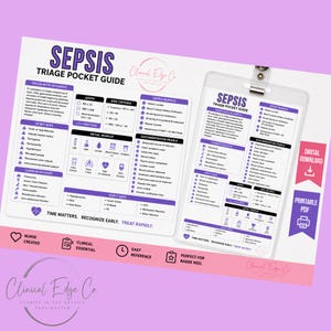 Puede incluir: Una tarjeta de referencia Sepsis Triage Pocket Guide con texto en morado y blanco, iconos clínicos y criterios de diagnóstico. La guía incluye secciones para notas de triaje, qSOFA, criterios SIRS, paquetes de sepsis y fuentes de infección.