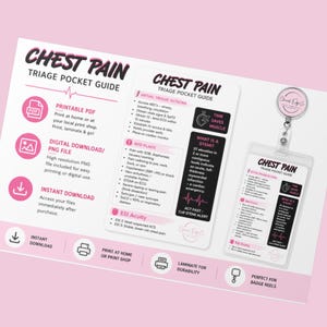 Op de afbeelding: Een digitale Chest Pain Triage Pocket Guide als downloadbaar PDF en PNG-bestand. De gids bevat eerste triage-acties, alarmsymptomen en ESI-acuity-informatie. Een fysieke versie is weergegeven in een doorzichtige badgehouder.