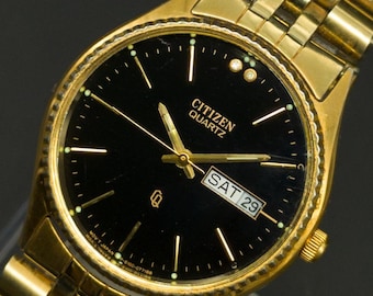 Vintage 1990 Citizen CQ 6100-072910 vergulde zwarte wijzerplaat 35 mm quartz herenkledinghorloge