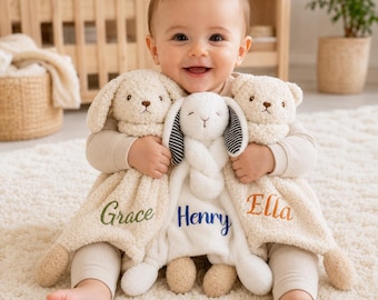 Peluche de osito personalizado, manta de apego con nombre personalizado, manta de seguridad de oso, peluche bordado, mantita para abrazar, regalo para recién nacidos