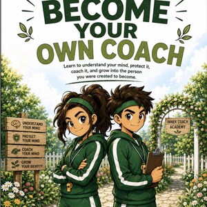 May include: A book cover titled Inner Coach Institute Book One Become Your Own Coach featuring two cartoon characters in green tracksuits with headbands and whistles, standing in a garden with a sign listing four steps and a garden archway.