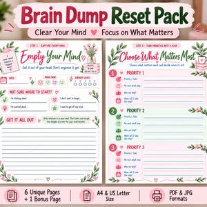 Puede incluir: Dos páginas de planificador imprimibles tituladas Brain Dump Reset Pack. La página izquierda incluye secciones para vaciar la mente, estado de ánimo y notas. La derecha lista Prioridad 1, 2 y 3 con campos de tareas. Ambas tienen detalles florales y texto rosa.