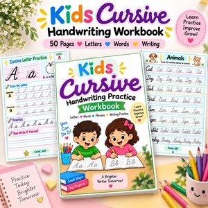 Cursive Handwriting Practice Worksheets for Kids | 50 Page Workbook | Letters, Words & Sentences
