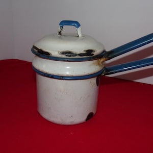 Enamel double boiler white blue kitchen pan craft small pot pan cook heat melt metal vintage chippy