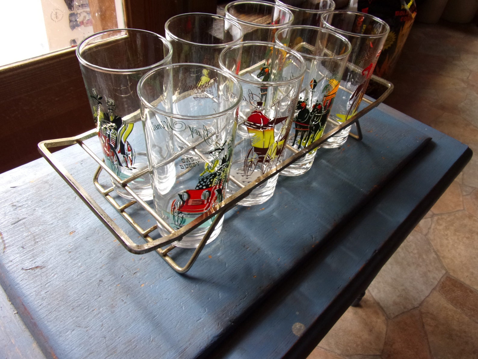 Mid Century Glass Caddy With Glasses Cocktails Bar Ware Drinks Etsy