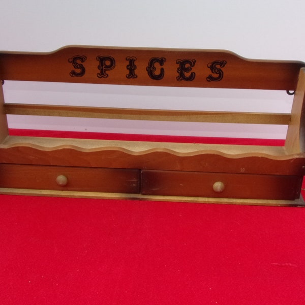 Spice rack wooden vintage kitchen organizer storage counter top wall mount farmhouse retro 1970's shelf narrow 2 drawers ingredients