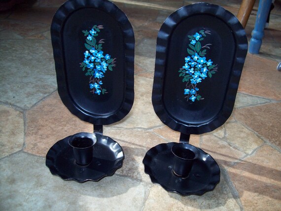 Metal Candle Sconces Hand Painted Blue Flowers Country Rustic Etsy