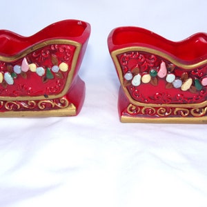 Sleigh candle holders Napco vintage Christmas decoration mantle centerpiece holiday table collectible 1960&#39;s ceramic red Santa&#39;s ride