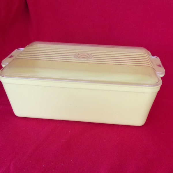 Lustro Ware yellow crisper drawer vintage mid century 1960's kitchen farmhouse collectible plastic covered retro recipe holder utensils