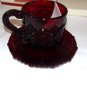 Cup and saucer Avon cranberry glass ruby red Cape Cod collection collectible original box