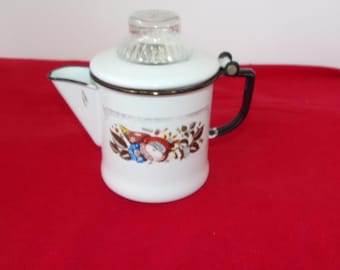 Vintage enamel coffee pot tea percolator fruit motif decorative shelf piece garden flowers