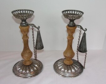 Candle holders with attached snuffer distressed look rustic primitive pair metal and wood Dilly