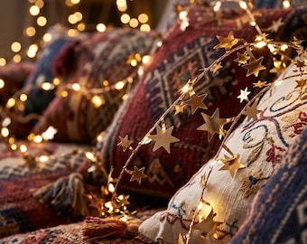 May include: A string of gold-colored metal star-shaped ornaments interspersed with small warm white LED lights. The star garland is draped across several textured throw pillows featuring intricate woven patterns in shades of red, blue, and cream.